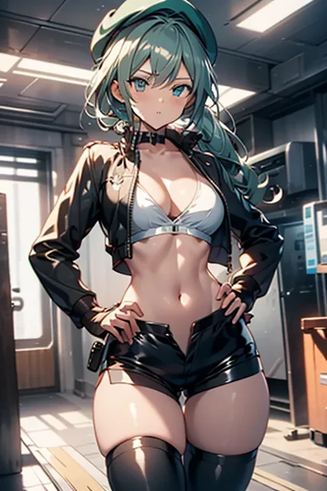 ubel,dark green hair,long hair,side ponytail,hair between eyes,bangs, BREAK (beret, black jacket, open clothes, cleavage, midriff, black shorts, black thighhighs, thigh strap, fingerless gloves, single glove:1.2) BREAK blurry background, BREAK pose, hand o...