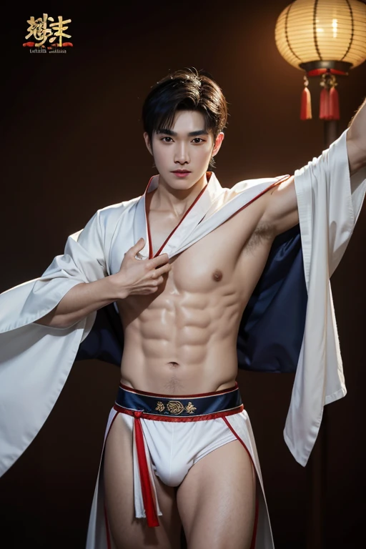 Chinese God, legend, China&#39;s Odyssey, handsome, blink, topless, muscle, Athletes body, full frame, sexy, professional lighting, Hanfu costume, chinese heaven background, Bulge under panties, Hanfu warrior, King Hanfu, Hanfu man, Hanfu Nobel, seduce, Se...