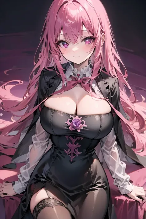 A pink haired female vampire with violet eyes with an hourglass figure in a Gothic ballgown is smiling in a gothic castle
