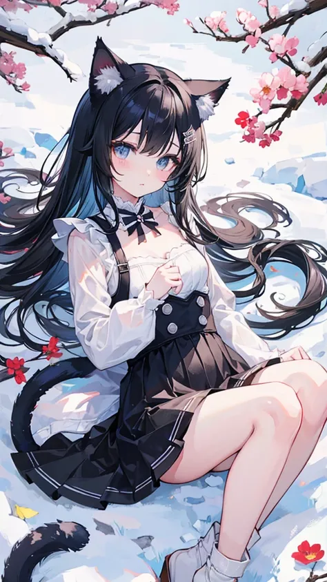 、Cat ear、tail、black hair、Small breasts、small breasts、snow、flower garden、Clothes