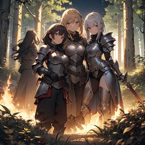 A group of  female knight, (in forest), various hair styles, harem, wearing armored clothes, metal armor, night, details face, trousers, seducing, sword, 