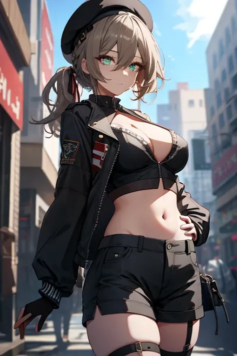 ubel,dark green hair,long hair,side ponytail,hair between eyes,bangs, BREAK (beret, black jacket, open clothes, cleavage, midriff, black shorts, black thighhighs, thigh strap, fingerless gloves, single glove:1.2) BREAK blurry background, BREAK pose, hand o...