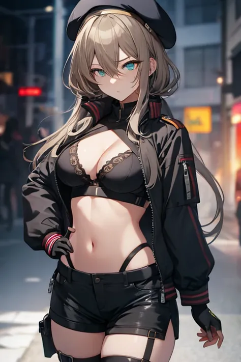 ubel,dark green hair,long hair,side ponytail,hair between eyes,bangs, BREAK (beret, black jacket, open clothes, cleavage, midriff, black shorts, black thighhighs, thigh strap, fingerless gloves, single glove:1.2) BREAK blurry background, BREAK pose, hand o...