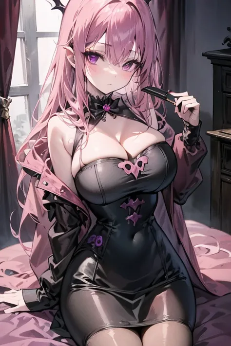 A pink haired female vampire with violet eyes with an hourglass figure in a Gothic ballgown is sipping wine by an open window at night