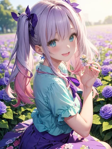 Glasses、小さなgirl、The arrival of spring、big butt、 (alone:1.5,)Super detailed,bright colors, very beautiful detailed anime face and eyes, look straight, ;shiny_skin,girl, ((gradient hair, , Half white、half pink hair: 1.2)） 、forehead is exposed.、green eyes、shi...