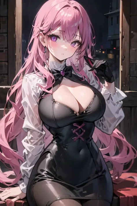 A pink haired female vampire with violet eyes with an hourglass figure in a Gothic ballgown is sipping wine by an open window at night