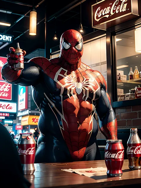 hyperrealism, (photorealistic:1.2), (film grain:1.3), masterpiece, best quality, perfect detail, cinematic lighting, professional photo, realistic photo, raw photo, Marvel style, obese Spider man, with a can  Coca-Cola, against the background of fast food,...