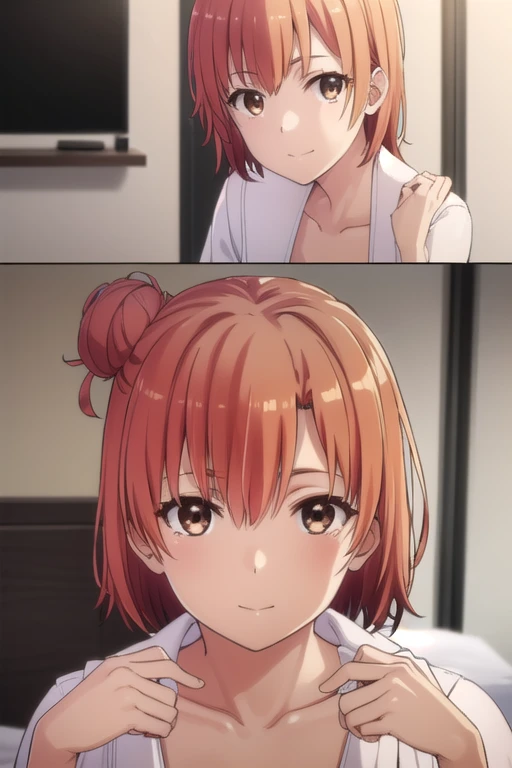 yuiyuigahama, yui yuigahama, short hair, (brown eyes:1.5), (orange hair:1.2), bun hair, single bun hair, smile, naked, the room is expensive , break indoors, break looking at viewer, break (masterpiece:1.2), highest quality, High resolution, unity 8k wallp...