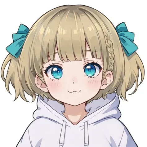 blonde、blonde hair, braid, short mash hair, the bangs are even, turquoise eyes, wearing a plain white hoodie, headshot, chibi, (...