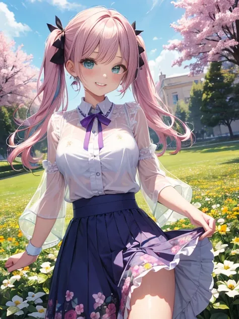 Glasses、小さなgirl、The arrival of spring、big butt、 (alone:1.5,)Super detailed,bright colors, very beautiful detailed anime face and eyes, look straight, ;shiny_skin,girl, ((gradient hair, , Half white、half pink hair: 1.2)） 、forehead is exposed.、green eyes、shi...