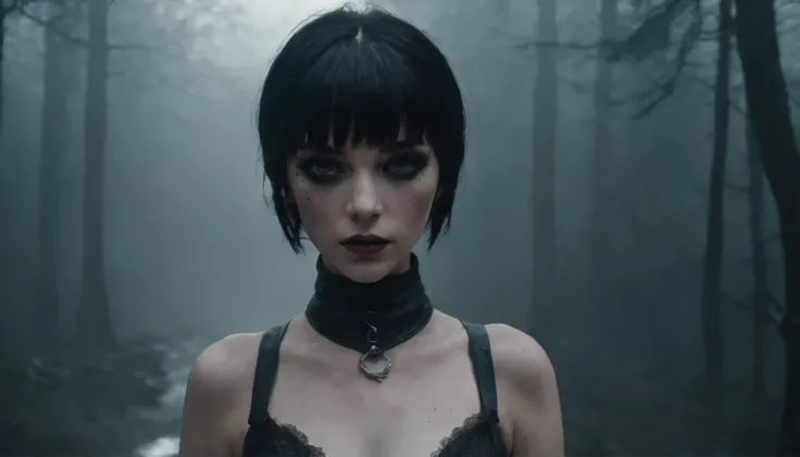 Woman dressed in tight leotard and corset, with goth make-up, standing in a creepy foggy marsh with agroup of witches behind her, witch aesthetic, the Blair witch project, wiccan aesthetic, black metal make up, a group of witches blurred in the background,...