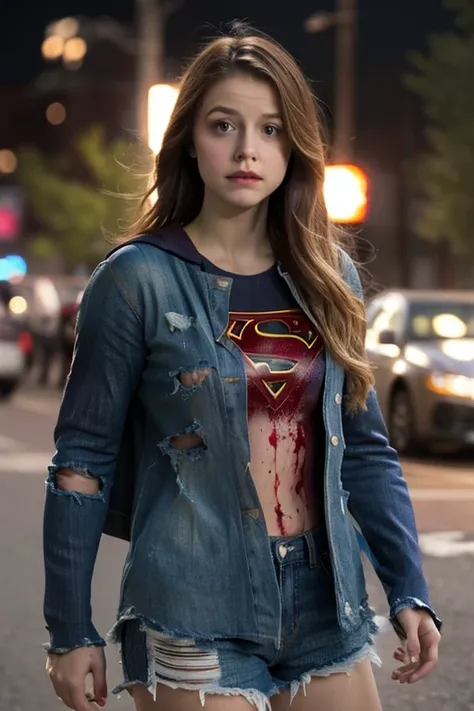 Melissa Benoist, 8K, best quality, real image, intricate details, Ultra-detailed, ultra high resolution, depth field, (actual, actual: 1.2), masterpiece, photo 1 girl, supergirl, seriously injured, Super hero, actual, torn clothes, (dirty, bruised, Blood: ...