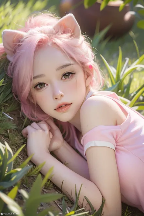 A small pink piglet lying on the lush grass, captured in a realistic 8K photograph.