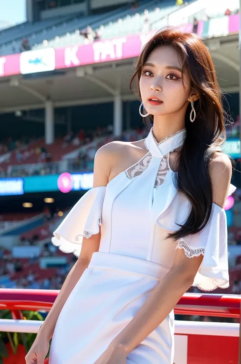 Tzuyu 1, woman, (realistic), (hyper realism), (photorealistic), Depth of the bounds written, eye make up:0.9, (whole body:1.2), (tight waist), looking at the viewer,at the racing track, lace queen, Sexy dress with open shoulders and chest