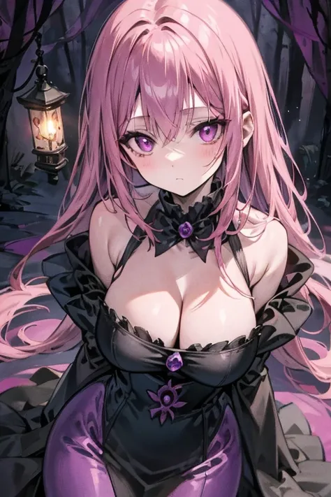 A pink haired female vampire with violet eyes with an hourglass figure in a Gothic ballgown is holding a lantern in a creepy forest at night