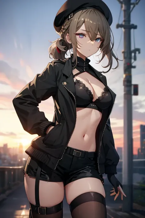 ubel,dark green hair,long hair,side ponytail,hair between eyes,bangs, BREAK (beret, black jacket, open clothes, cleavage, midriff, black shorts, black thighhighs, thigh strap, fingerless gloves, single glove:1.2) BREAK blurry background, BREAK pose, hand o...