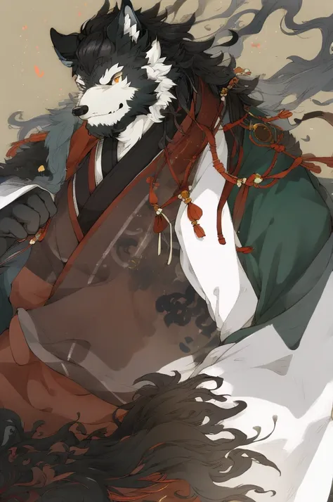 Wolf，personification，mature man，fat and strong，Inky eyes，Hanfu。