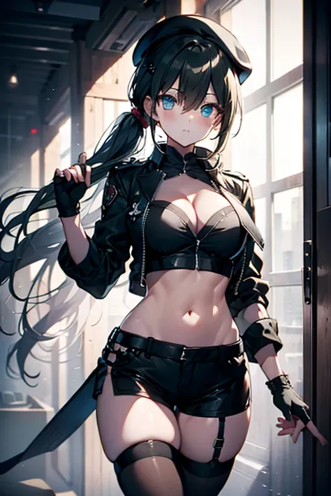 ubel,dark green hair,long hair,side ponytail,hair between eyes,bangs, BREAK (beret, black jacket, open clothes, cleavage, midriff, black shorts, black thighhighs, thigh strap, fingerless gloves, single glove:1.2) BREAK blurry background, BREAK pose, hand o...