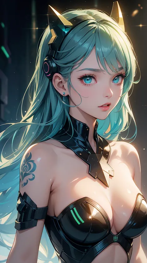 Beautiful android teen, AI teen, solo, adorable cute , mesmerising, expressive face, vr girl, ((green blue golden gradient detailed hair)), cyberpunk futuristic style, ((bright glassy brown eyes)), smoky eyes, pearly illuminated realistic skin, curvy body,...