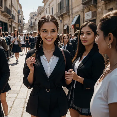 (best quality), (masterpiece:1.2), wide angle photo, full body photo, group photo, 5 sage elder women schoolwomen, 76 years old, marked faces, innocent faces, skin imperfections, marked by wrinkles, acne, perfect ruby lips, smiling wistfully, diverse ethic...