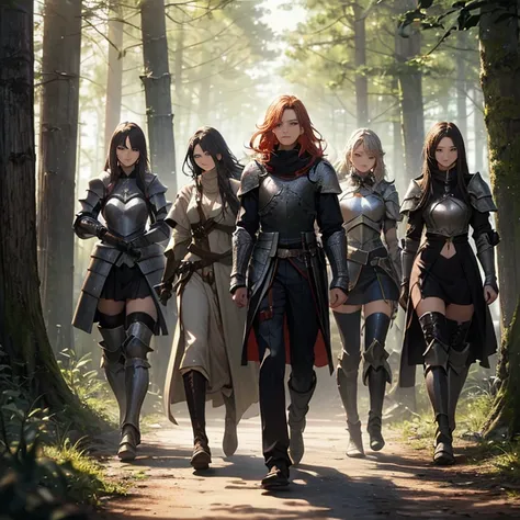 A group of  female knights, (in forest), various hair styles, harem, wearing armored clothes, metal armor, night, details face, trousers, seducing, sword, 