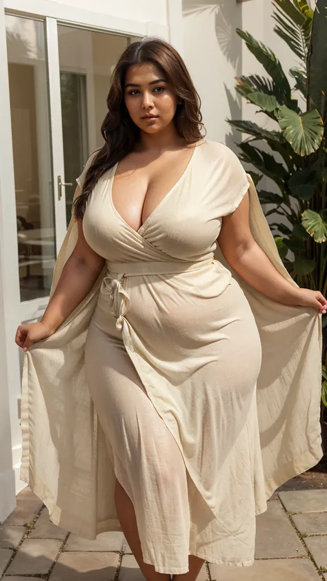 a hyper-realistic full body view photo of a young curvy plus size beautiful indian woman wearing Modest Linen Wrap Dress standing Golden Glow Lane, m-cup breasts, curvy plus size hourglass body, 22 years old, realistic, sexy,short brown hair, (hair tied wi...