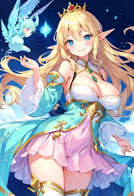 beautiful illustrations, highest quality, pretty girl,beautiful girl、clear face、 half girl、pastel colour ,blonde、black eyes、smile、blush、にこやかなsmile、thighs、elf、fantasy、fantasy、big breasts、Princess