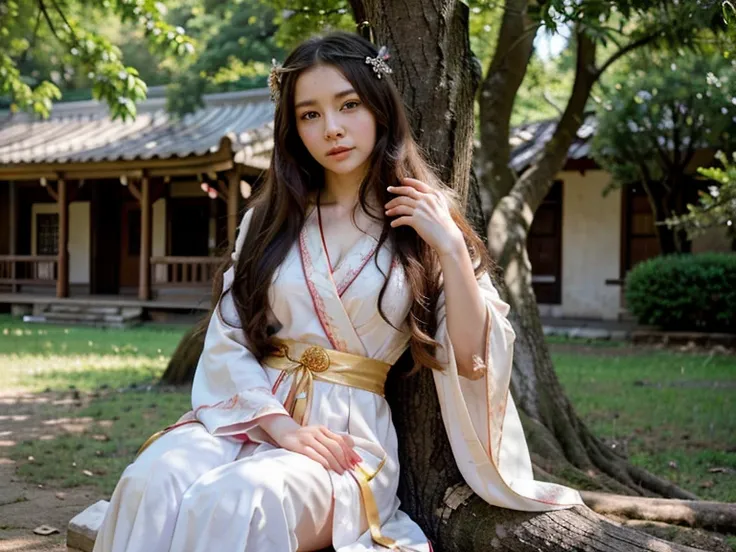 ((best quality)), ((masterpiece)), (detailed), perfect face, anime girl sitting on a tree branch with a fan in her hand, palace ， a girl in hanfu, flowing hair and long robes, beautiful anime girl, beautiful anime woman, anime girl with long hair, flowing ...