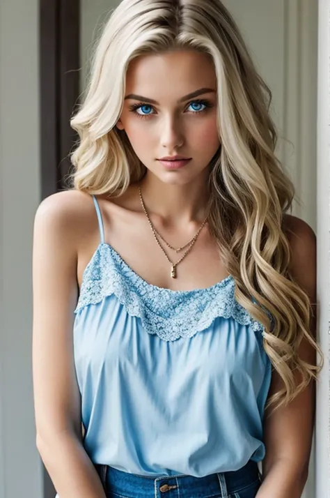 1girl in, age19, Solo, Long hair, Colossal , Looking at Viewer, long messy windy blonde long hair, Blue big eyes, Bare shoulders, jewely, Full body, a necklace, off shoulders, Top, Realistic, A sexy