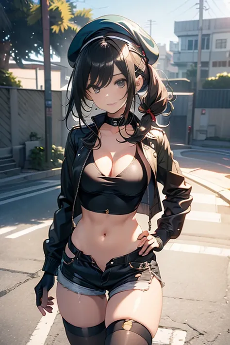 ubel,dark green hair,long hair,side ponytail,hair between eyes,bangs, BREAK (beret, black jacket, open clothes, cleavage, midriff, black shorts, black thighhighs, thigh strap, fingerless gloves, single glove:1.2) BREAK blurry background, BREAK pose, hand o...