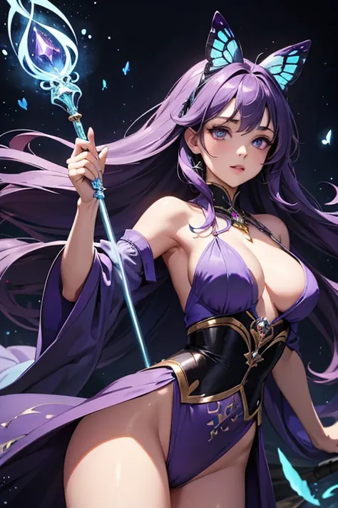 (ultra-detailed,highres,best quality:1.2),nerdy beautiful detailed eyes beautiful detailed lips,extremely detailed eyes and face,long eyelashes,sexy face, blue and purple long hair, medium breasts, large hips, big butt,eautiful detailed eyes,beautiful deta...