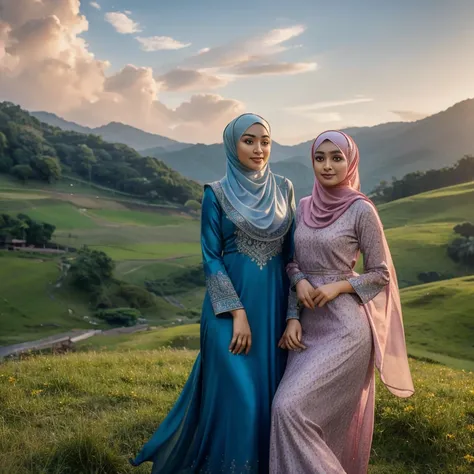 half body, beautiful muslimah girls, wearing traditional silk baju kurung, ultra-detailed, detailed faces, detailed skins, 8k masterpieces, cinematic lighting, firm push-up bosom, modest bosom, slim and slender body, long hijab, eid mubarak, in malay villa...