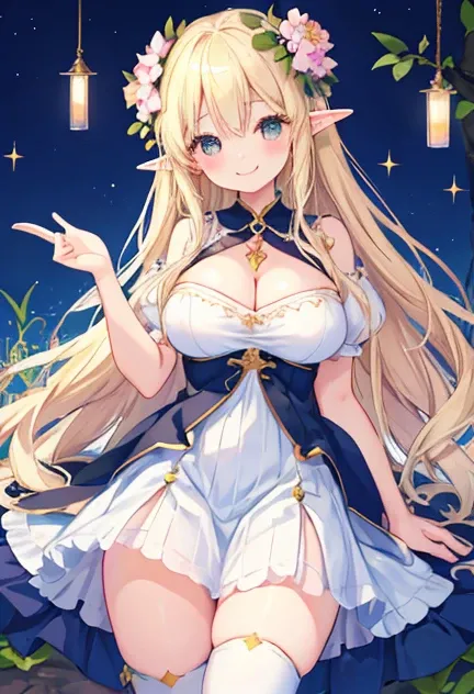 beautiful illustrations, highest quality, pretty girl,beautiful girl、clear face、 half girl、pastel colour ,blonde、black eyes、smile、blush、にこやかなsmile、thighs、elf、fantasy、fantasy、big breasts、Princess