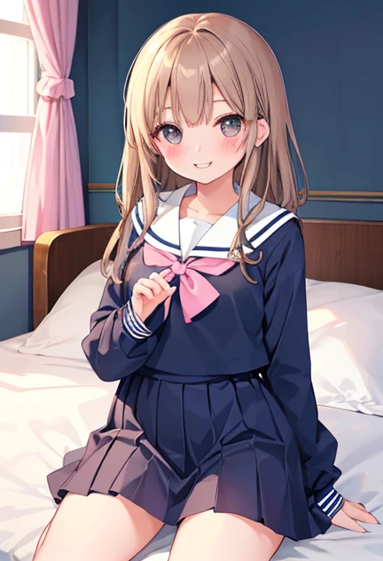 beautiful illustrations, highest quality, pretty girl,beautiful girl、clear face、 half girl、pastel colour ,brown hair、black eyes、smile、blush、にこやかなsmile、thighs、uniform、sailor suit、Bedroom、on the bed