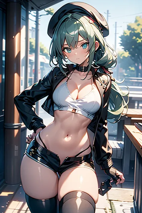 ubel,dark green hair,long hair,side ponytail,hair between eyes,bangs, BREAK (beret, black jacket, open clothes, cleavage, midriff, black shorts, black thighhighs, thigh strap, fingerless gloves, single glove:1.2) BREAK blurry background, BREAK pose, hand o...