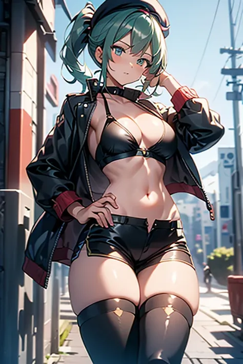 ubel,dark green hair,long hair,side ponytail,hair between eyes,bangs, BREAK (beret, black jacket, open clothes, cleavage, midriff, black shorts, black thighhighs, thigh strap, fingerless gloves, single glove:1.2) BREAK blurry background, BREAK pose, hand o...