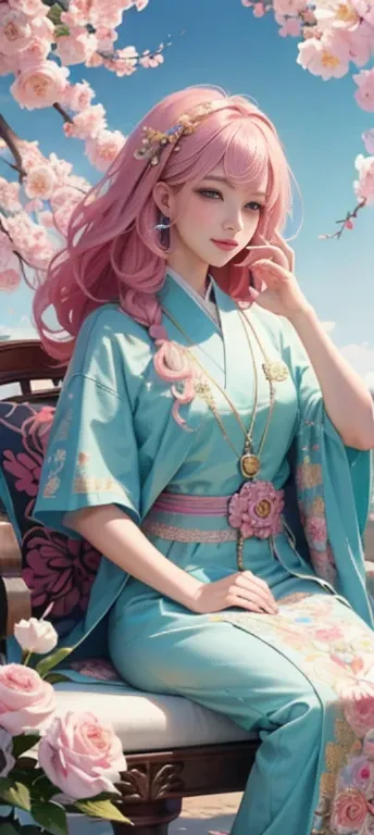 (masterpiece, highest quality, highest quality, official art, Cosmetology and aesthetics: 1.2), (1 girl), Korean, (smile), very detailed, colorful, best details, uniform 8k wallpaper, super detailed, beautiful, pale pink hair color, (tangled, flower, manda...