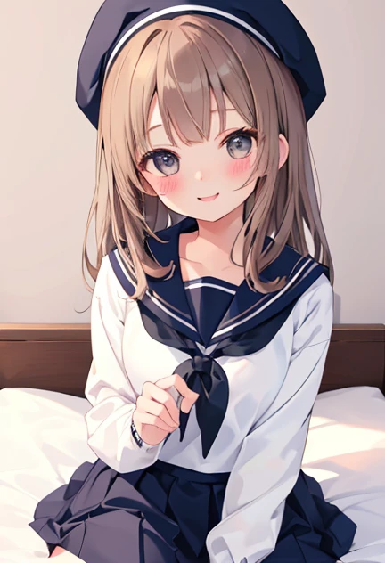 beautiful illustrations, highest quality, pretty girl,beautiful girl、clear face、 half girl、pastel colour ,brown hair、black eyes、smile、blush、にこやかなsmile、thighs、uniform、sailor suit、Bedroom、on the bed