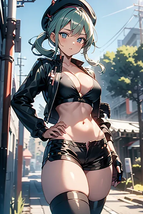 ubel,dark green hair,long hair,side ponytail,hair between eyes,bangs, BREAK (beret, black jacket, open clothes, cleavage, midriff, black shorts, black thighhighs, thigh strap, fingerless gloves, single glove:1.2) BREAK blurry background, BREAK pose, hand o...