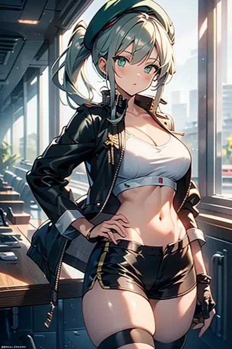 ubel,dark green hair,long hair,side ponytail,hair between eyes,bangs, BREAK (beret, black jacket, open clothes, cleavage, midriff, black shorts, black thighhighs, thigh strap, fingerless gloves, single glove:1.2) BREAK blurry background, BREAK pose, hand o...