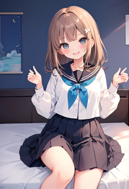 beautiful illustrations, highest quality, pretty girl,beautiful girl、clear face、 half girl、pastel colour ,brown hair、black eyes、smile、blush、にこやかなsmile、thighs、uniform、sailor suit、Bedroom、on the bed