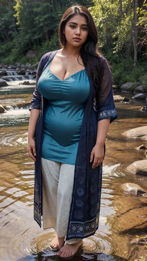 a hyper-realistic full body view photo of a young curvy plus size beautiful indian woman wearing Subtle Jacquard Dupatta with Kurta Ensemble standing in Crystal Creek Crossing, m-cup breasts, curvy plus size hourglass body, 22 years old, realistic, sexy,sh...