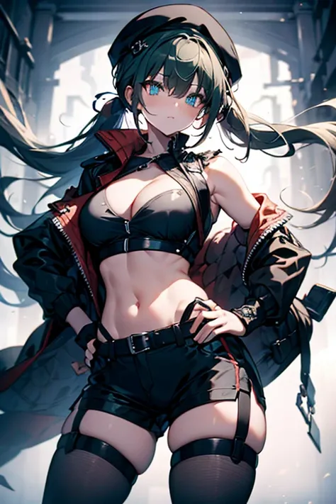 ubel,dark green hair,long hair,side ponytail,hair between eyes,bangs, BREAK (beret, black jacket, open clothes, cleavage, midriff, black shorts, black thighhighs, thigh strap, fingerless gloves, single glove:1.2) BREAK blurry background, BREAK pose, hand o...