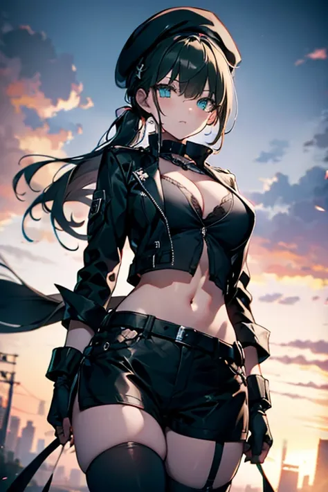 ubel,dark green hair,long hair,side ponytail,hair between eyes,bangs, BREAK (beret, black jacket, open clothes, cleavage, midriff, black shorts, black thighhighs, thigh strap, fingerless gloves, single glove:1.2) BREAK blurry background, BREAK pose, hand o...