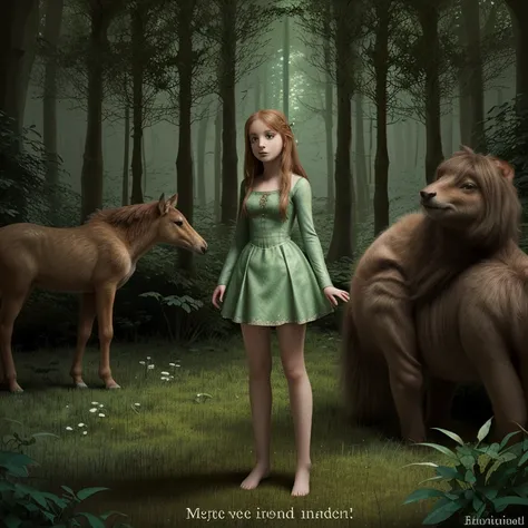 Illustration for a fairy tale about a girl, standing in the forest, who can talk to animals"