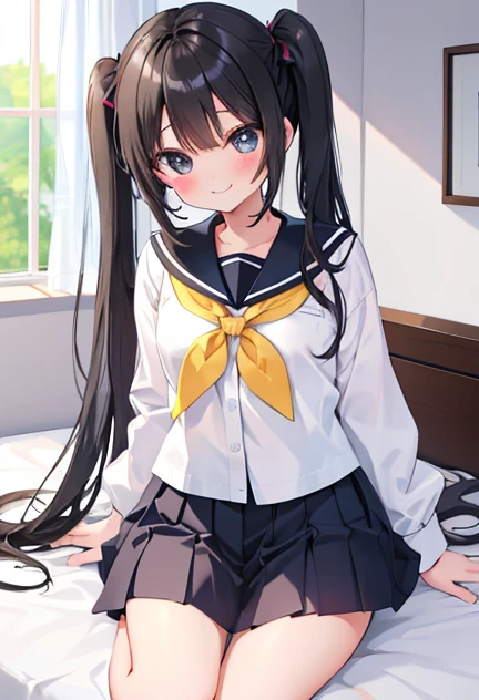 beautiful illustrations, highest quality, pretty girl,beautiful girl、clear face、 half girl、pastel colour ,black hair、black eyes、smile、blush、にこやかなsmile、thighs、uniform、sailor suit、Bedroom、on the bed、スカートをめくってpantsを見せる、between legs、pants、twin tails、underwear、...