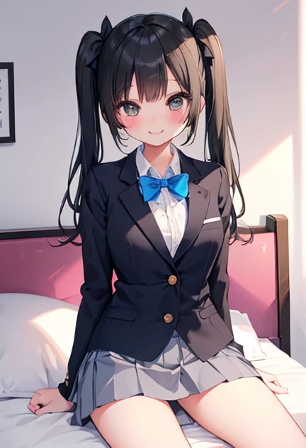 beautiful illustrations, highest quality, pretty girl,beautiful girl、clear face、 half girl、pastel colour ,black hair、black eyes、smile、blush、にこやかなsmile、thighs、uniform、blazer、Bedroom、on the bed、take off the skirt、between legs、pants、twin tails、underwear