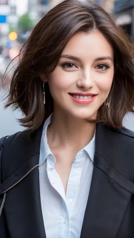 ((highest quality, 8K, masterpiece :1.3)), smile :1.2, beautiful woman with perfect figure :1.4, thin abs :1.2, ((dark brown hair)), (black suit jacket :1.1), city street:1.2, Highly detailed face and skin texture, fine eyes, double eyelid