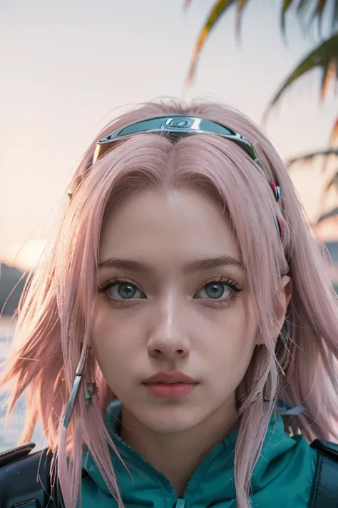 young woman pale skin, long bubblegum pink hair, pink eyebrows, big jade green eyes, buttoned nose, peach lips, small breasts, wide forehead, flower and butterfly kimono, Sakura Haruno, realistic, 3d
