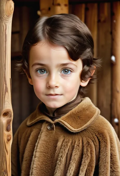 (highly detailed, soft light, photorealistic, dynamic light; cinematic); victorian-era; 1820s; 5 year old boy; English; cute little boy; shy expression; pallid skin; sickly looking; large blue eyes; dark-brown eyebrows; 1820s warm brown woolen coat; short ...